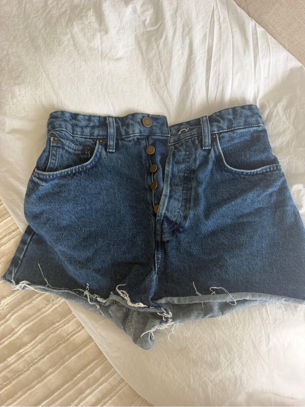 Sezane Dark Blue Button-Front Frayed Hem Denim Shorts